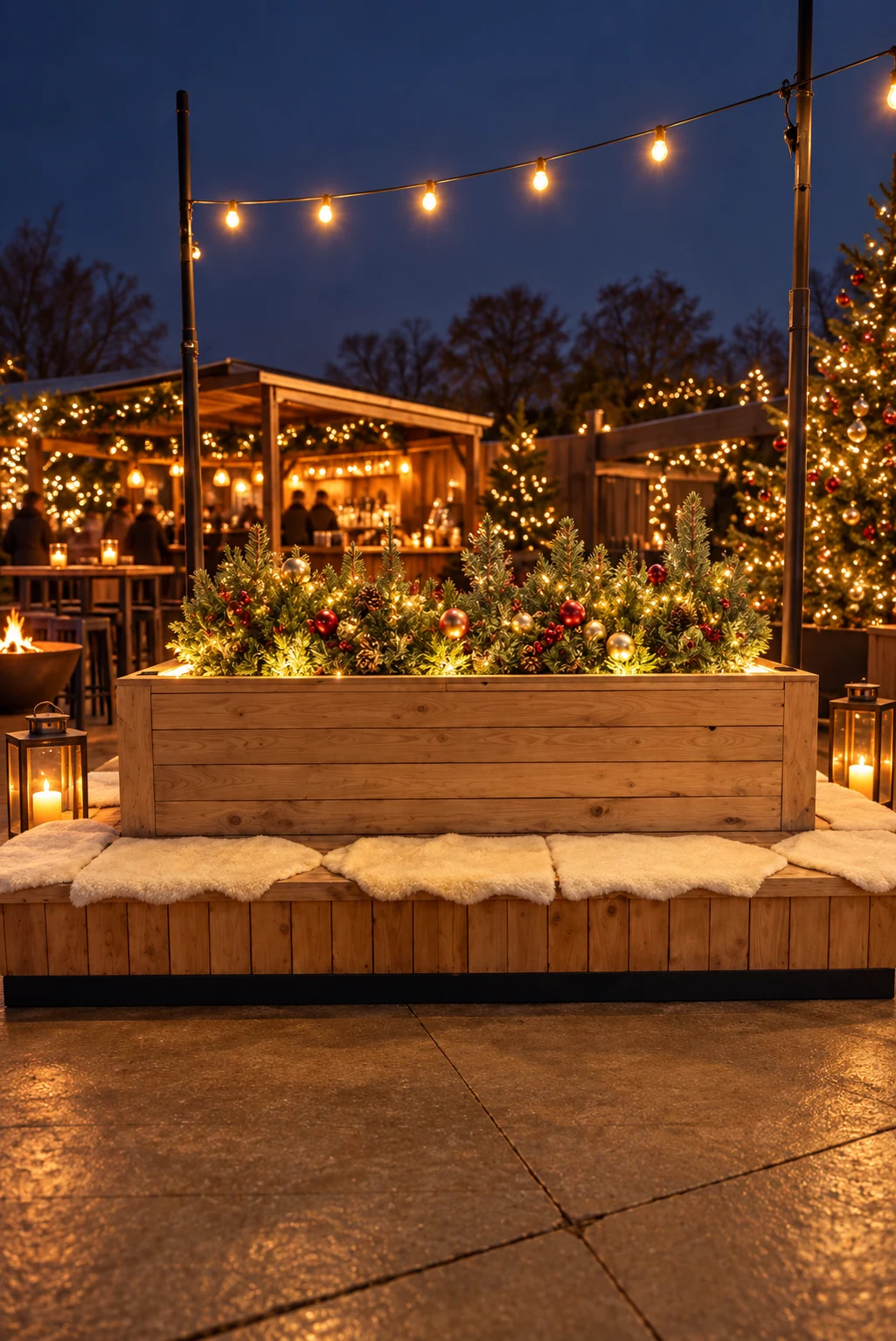 Rechthoekige houten zitbank met zachte zitkussens en verlichte kerstboompjes op een winterterras