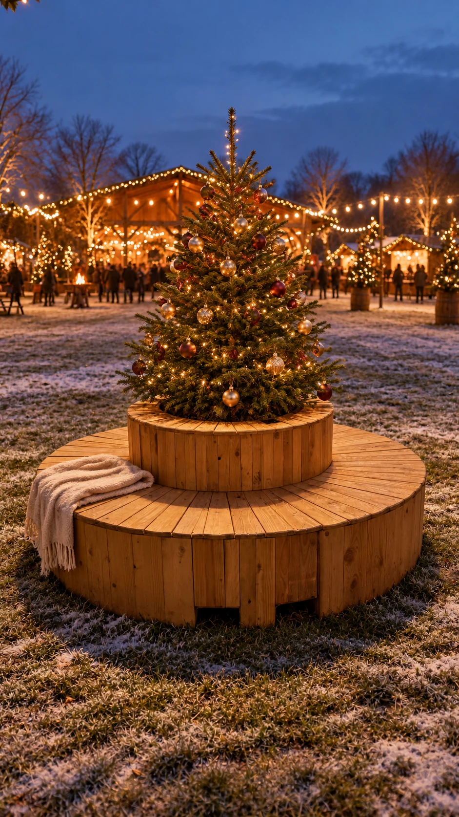 Ronde houten boombank met een versierde kerstboom op een winters festivalterrein