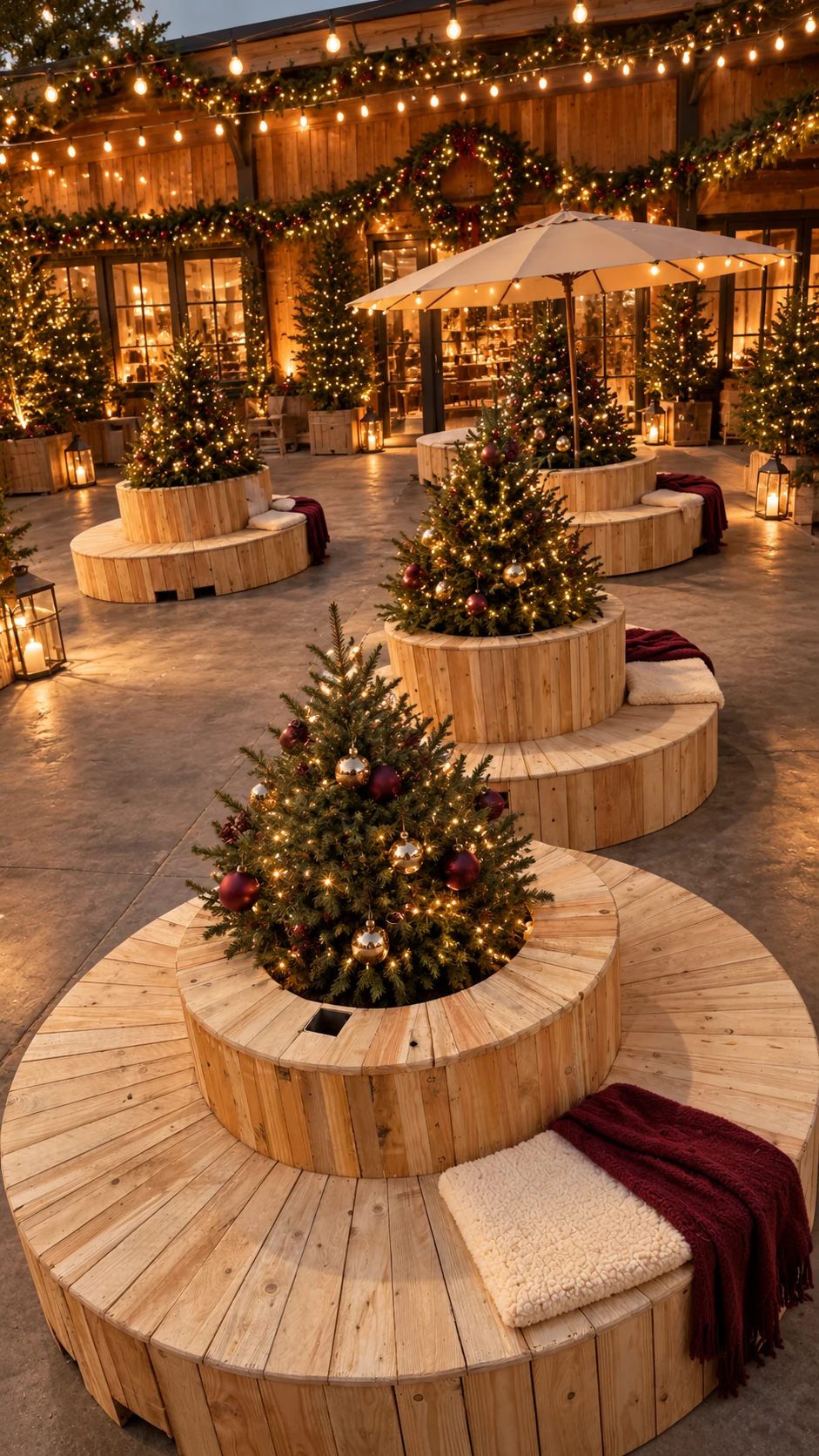 Een winterterras met meerdere ronde houten banken, kerstbomen, bordeaux plaids en warme feestverlichting