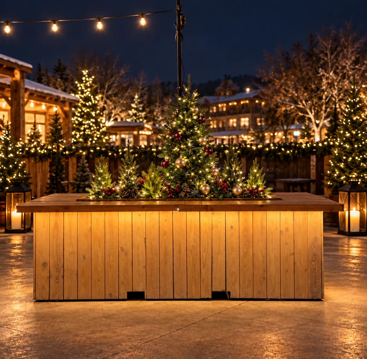 Rechthoekige houten plantenbar met amberkleurige verlichting en kerstgroen, voor een winters chalet